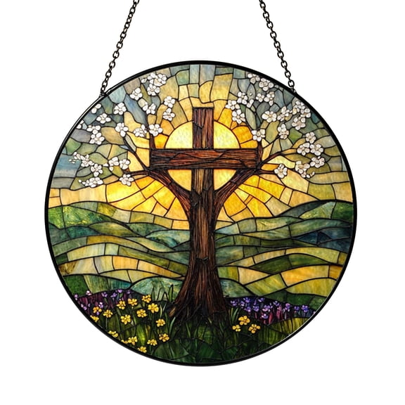 Wildflower Cross Stained Glass Suncatcher Window Hanging, Colorful Floral Cross Window Art for Home Interior