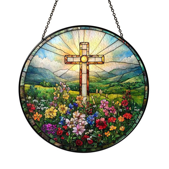 Wildflower Cross Stained Glass Suncatcher Window Hanging, Faith Inspired Floral Light Catcher Decor, Meaningful Christian Home Gift