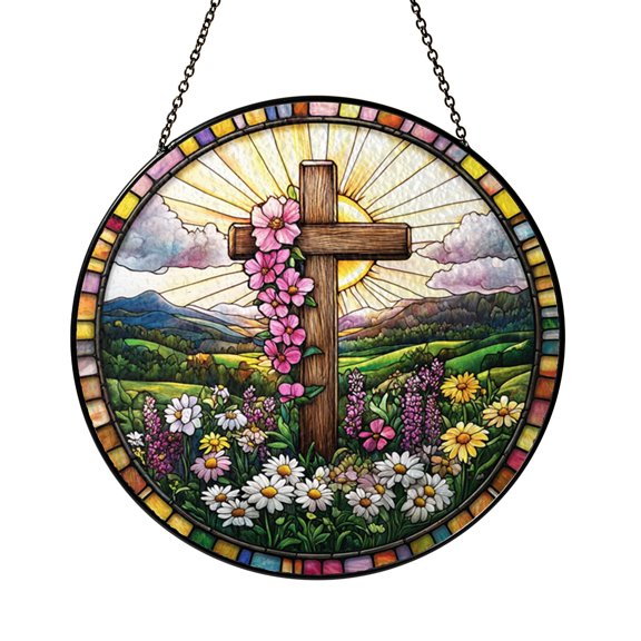 Wildflower Cross Stained Glass Suncatcher Window Hanging, Floral Nature Window Art for Home Decor