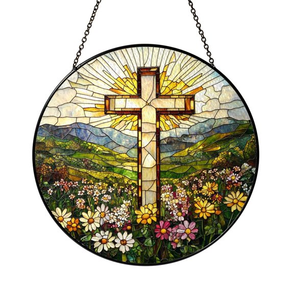 Wildflower Cross Window Sun Catcher, Bright Stained Glass Style Hanging Decor, Spiritual Home Accent