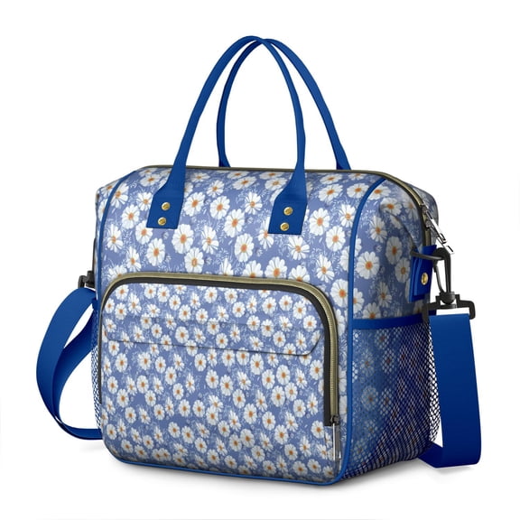 Wildflower Daisy Pattern Insulated Tote - Large Leakproof Thermal Bag, Waterproof Cute Floral Lunch Box with Multi-Pocket