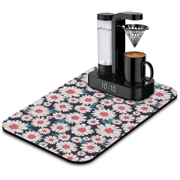 Wildflower Daisy Print Dish Drying Mat, Boho Vintage Floral Countertop Pad, Absorbent Diatomite Coffee Bar Mat for Under Coffee Maker, 12x20in