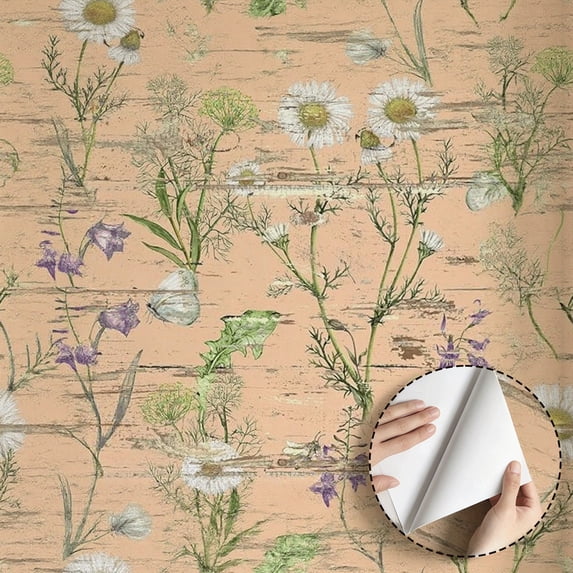 Wildflower Daisy Rustic Wallpaper, Vintage Boho Self Adhesive and Removable Waterproof Wallpaper, Home Decor for Living Room Bedroom Kitchen Cabinet Drawer Dorm Room, 17.7 * 118 in
