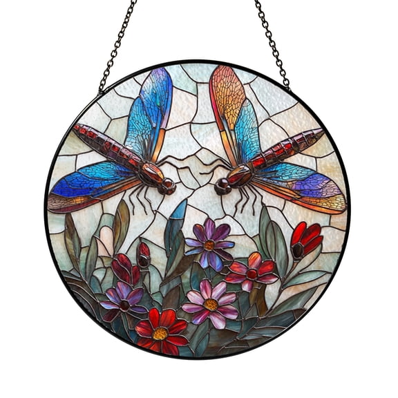 Wildflower Dragonfly Window Suncatcher with Stained Glass Effect, Decorative Nature Window Art