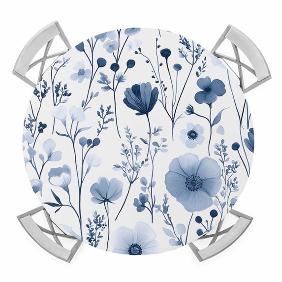 Wildflower Elastic Fitted Round Table Cover Blue Watercolor Floral Waterproof Outdoor Tablecloth for Holiday Party, Picnic, Patio & Dining Fits Tables Up to 45"-54"