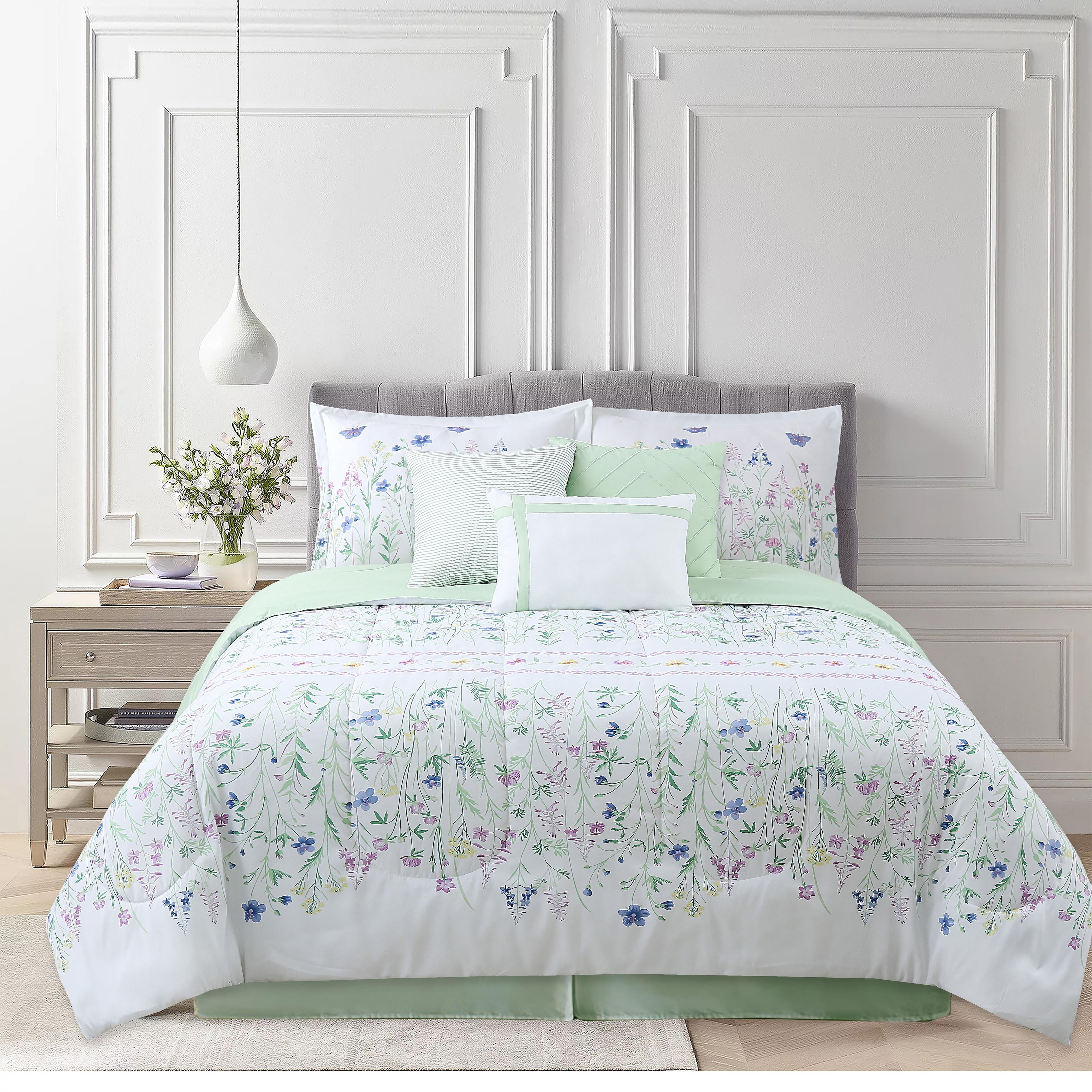 Wildflower Embroidered White Full Microfiber 7-Piece Comforter Set