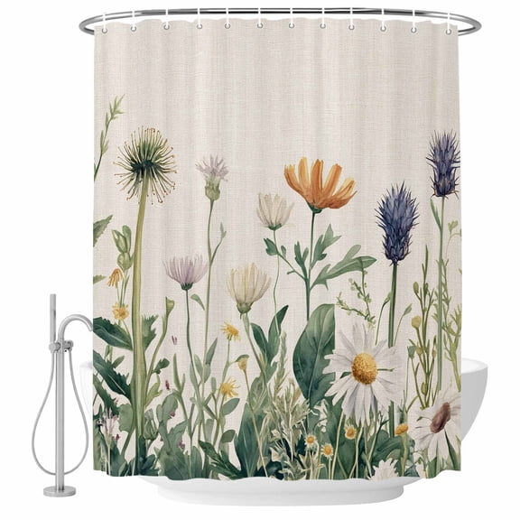 Wildflower Fabric Shower Curtain Daisy Floral Leaves Retro Washable Shower Curtains for Bathroom, Waterproof Bath Curtain with Hooks Home Decor 72x84in