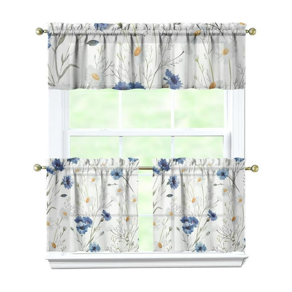 Wildflower Farmhouse Curtains 24 Inch Short - 3 Panel Rustic Bohemian Set with Vintage Floral Print, Rod Pocket Kitchen