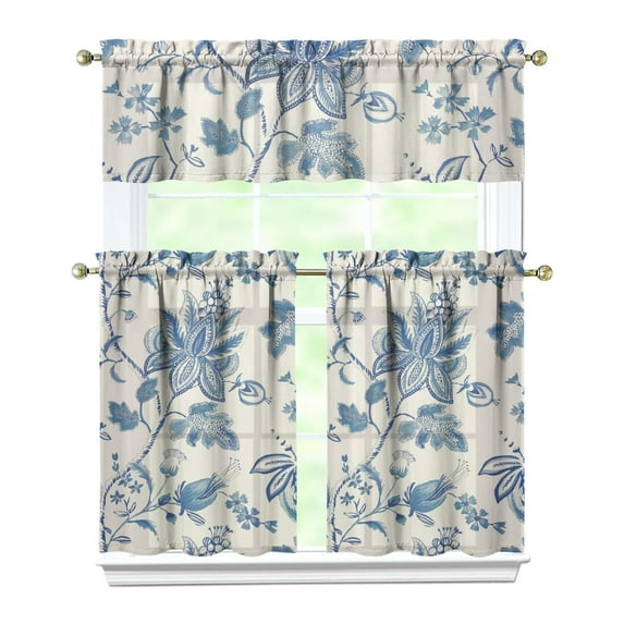 Wildflower Farmhouse Curtains 36 Inch - 3 Panel Rustic Bohemian Set with Vintage Floral Print, Rod Pocket Kitchen Window Drapes for Cottage Style