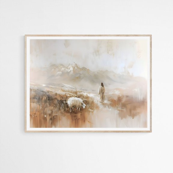 Wildflower Field Art Serene Landscape Pastel Meadow Calming Nature Decor Jesus Leaves The 99 Parable of The Lost Sheep Modern Jesus Bible Art Design 5, UNFRAMED Size 16x16