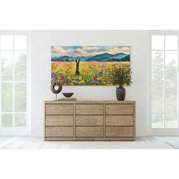Wildflower Field Bunny Rabbit Mountain Portrait Decor Unframed Paper Print