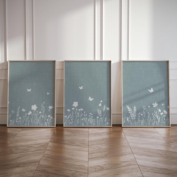 Wildflower Field & Butterflies Posters Natural Blue Linen Look 3 Piece Triptych Wall Art Botanical Floral Prints Set 3