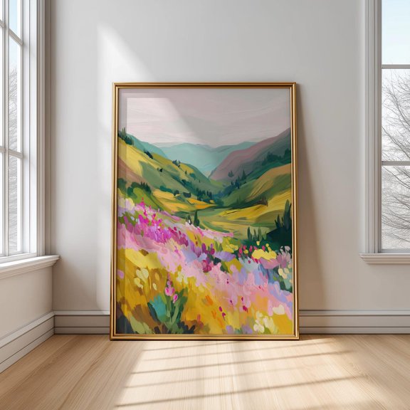 Wildflower Field : Colorful Valley Landscape Art Poster, Stretched Canvas Size 8x12