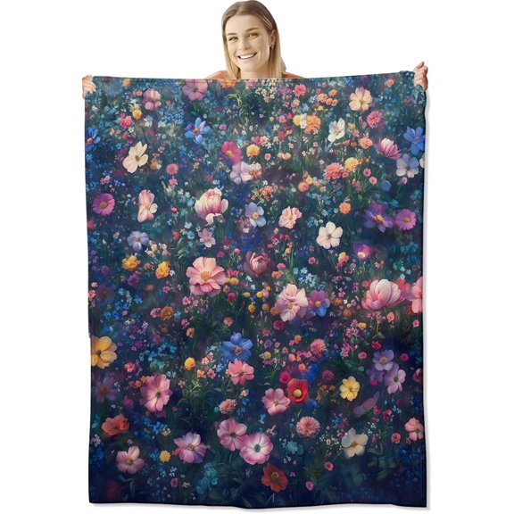 Wildflower Field Flannel Throw Blanket 50x40 Inch, Colorful Blooming Flower on Lush Meadow, Dreamy Nature Art Style Blankets for Living Room, Bedroom, Sofa, Floral Lover Decor Gifts Throws