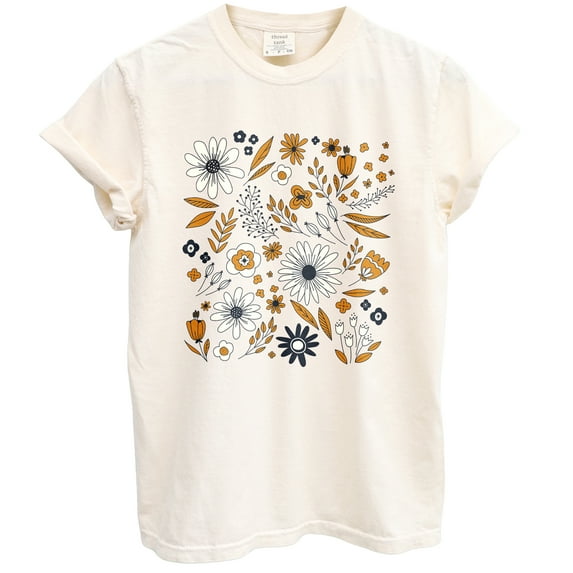 Wildflower Field Floral Graphic Tee T-Shirts for Women, Short Sleeve Tops - Vintage Ivory