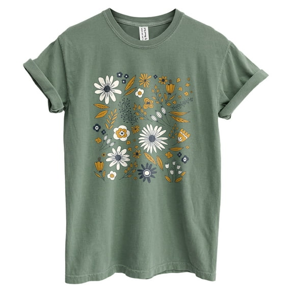 Wildflower Field Floral Graphic Tee T-Shirts for Women, Short Sleeve Tops - Vintage Sage