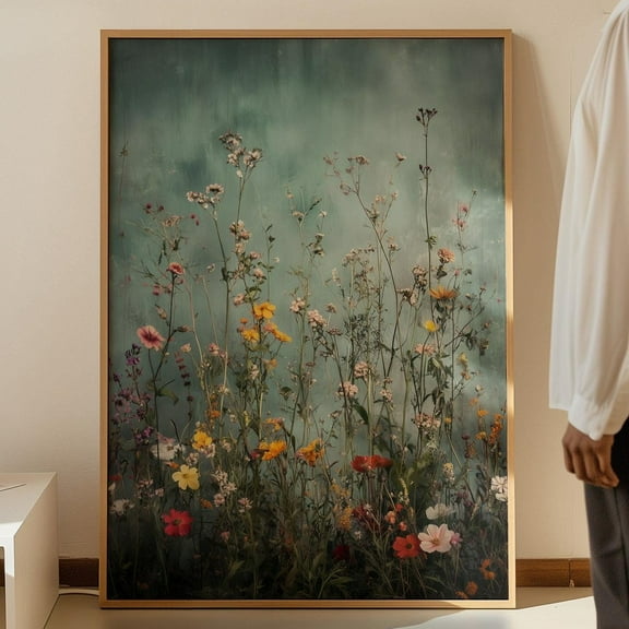 Wildflower Field Framedvintage Botanical Landscape Print, Floral Decor, Modern Farmhouse Art, Field Of Flowers #2 Wall Art, Modern Wall Decor, 24x36 UNFRAMED