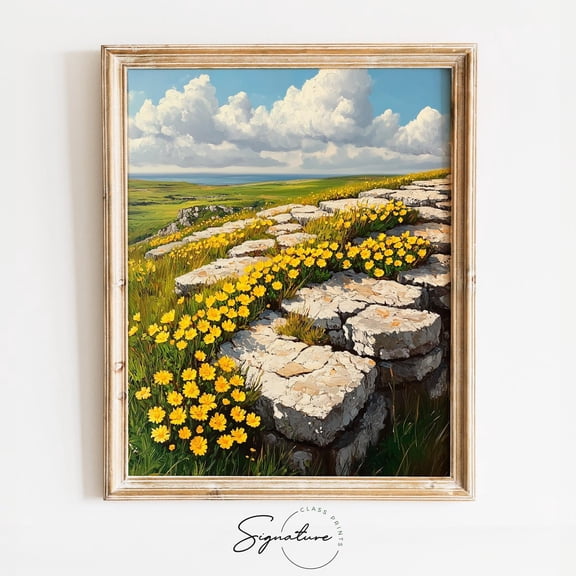 Wildflower Field Landscape, Burren Ireland Rocky Outcrop Art, Rustic Cottagecore Wall Decor, Scenic Poster 3976 Unframed Paper Print