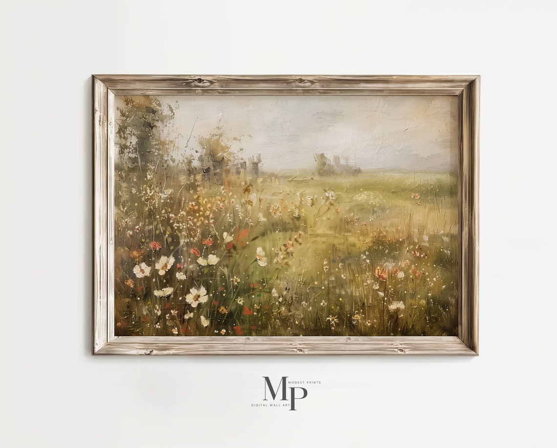 Wildflower Field Landscape Oil Painting, Wall Art Print, Country ...
