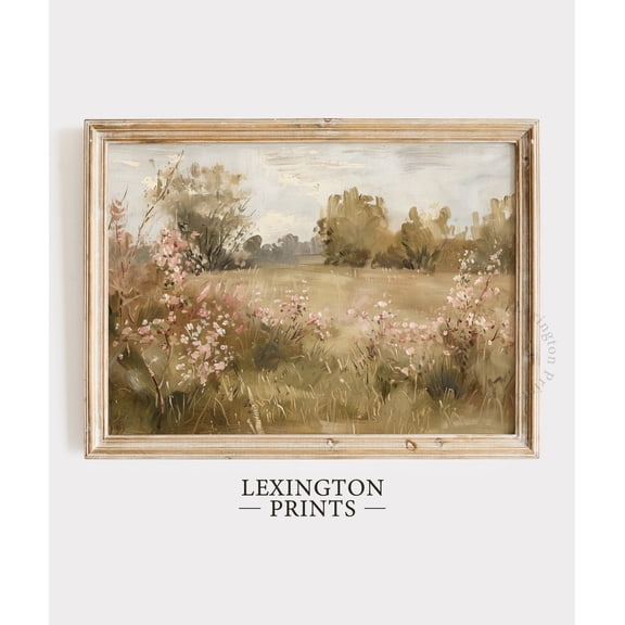 Wildflower Field Landscape Pink Farmhouse Spring Floral Wall Art Print, Eye Catching Botanical Theme For Living Room And Office Decor