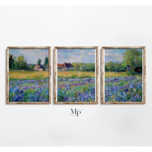 Wildflower Field Landscape Print Set Poster Classic Floral Art For Farmhouse Decor Set 3