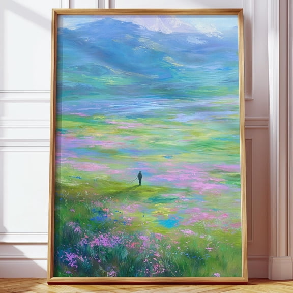 Wildflower Field Poster Impressionist Mountain Landscape, Unframed Paper Poster 8x10in
