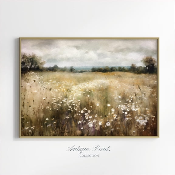 Wildflower Field Poster, Neutral Country Wall Art, Meadow Landscape, Antique Rustic Farmhouse Decor,, Unframed Canvas Size 8x12