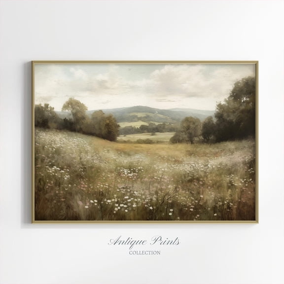Wildflower Field Poster, Vintage Neutral Country Wall Art, Meadow Landscape, Antique Rustic Farmhouse Decor, 590, Unframed Canvas Size 16x24