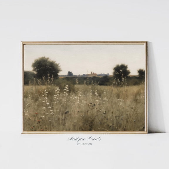 Wildflower Field Poster, Vintage Neutral Country Wall Art, Meadow Landscape, Antique Rustic Farmhouse Decor, 703, Unframed Poster Size 8x12