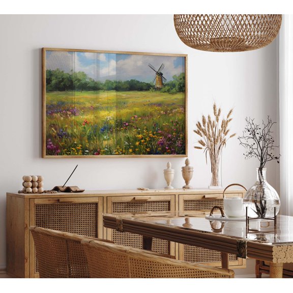 Wildflower Field Print, Cottagecore Windmill Landscape Home Decor #277, Unframed Poster Size 8x12