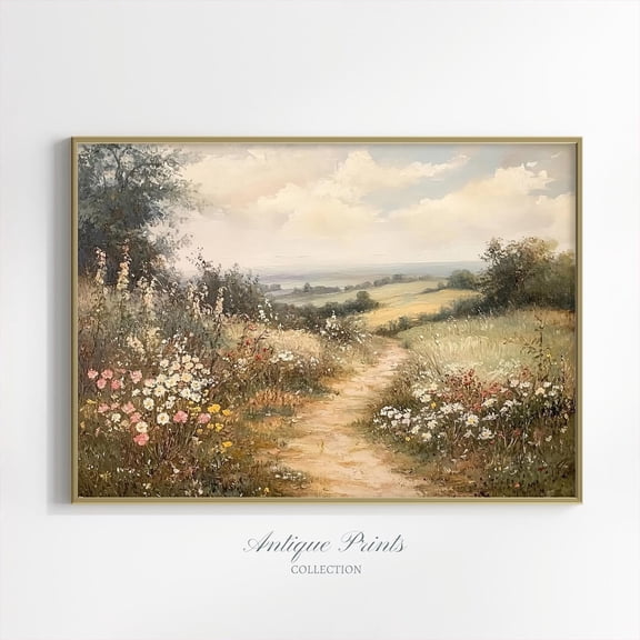Wildflower Field Print, Neutral Country Wall Art, Meadow Landscape, Antique Rustic Farmhouse Decor, Poster, Unframed Poster Size 8x12