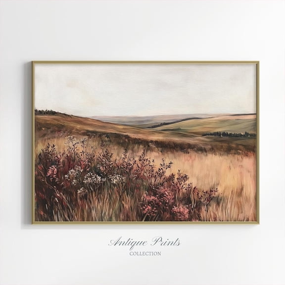 Wildflower Field Print, Vintage Fall Country Wall Art, Meadow Landscape, Antique Autumn Farmhouse Decor, Unframed Paper Print