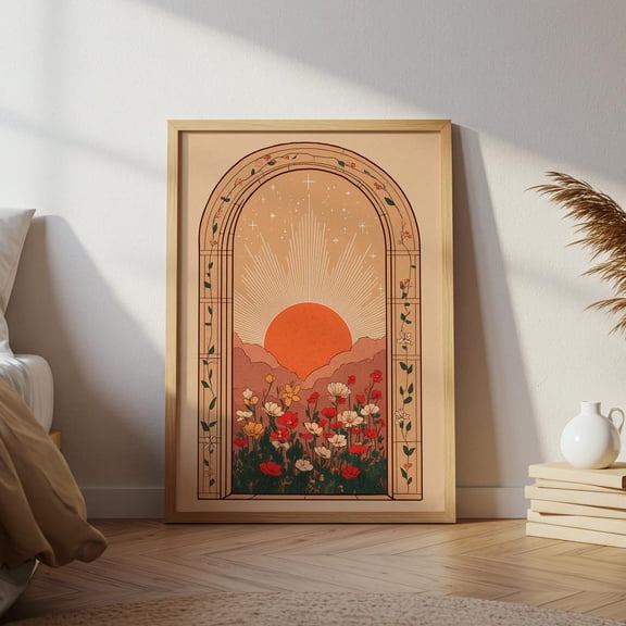 Wildflower Field Sunset Arched Botanical Wall Art Unframed Paper Print