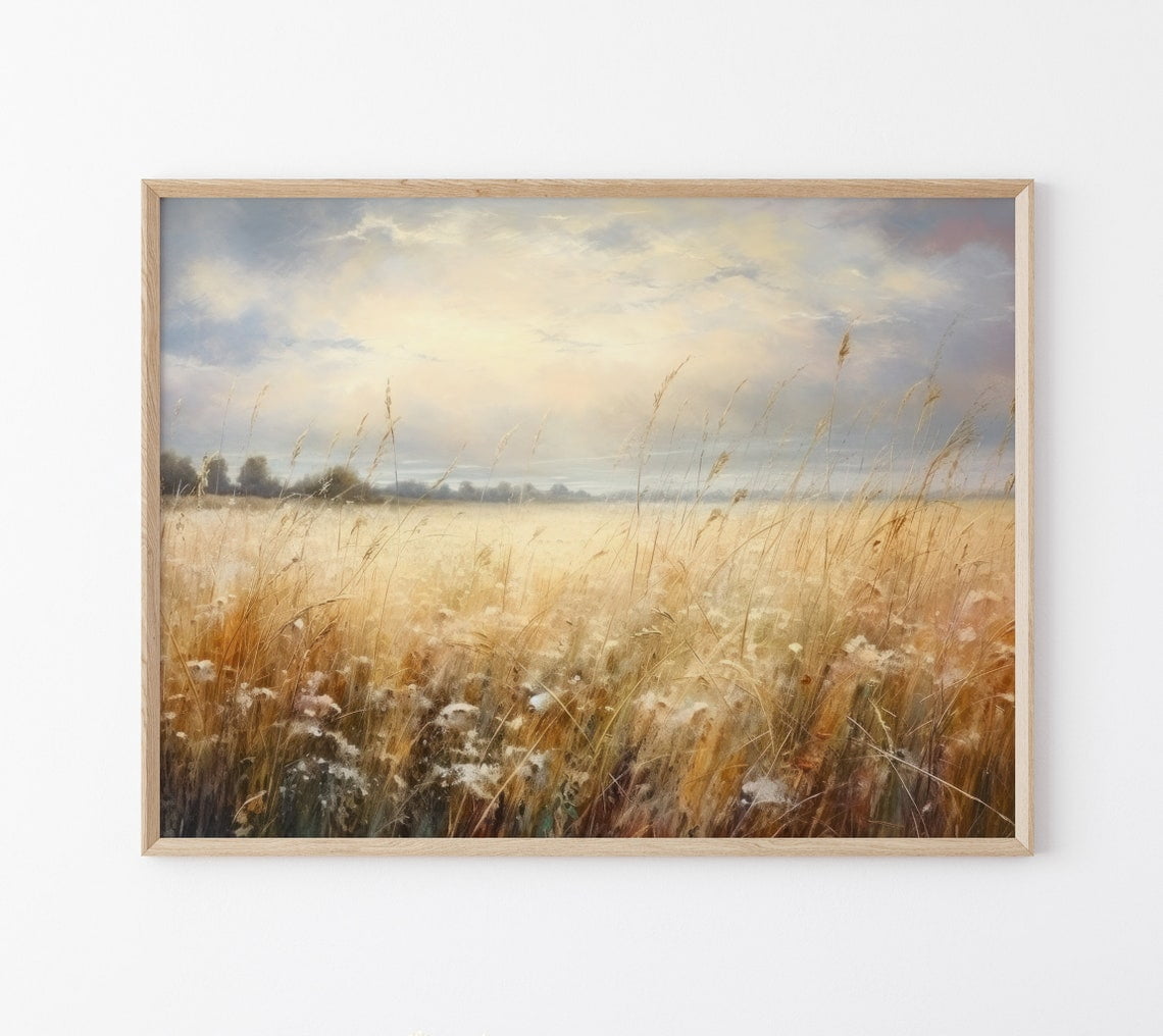 Wildflower Field Sunset Landscape Oil Painting Wall Art Print, Nature ...