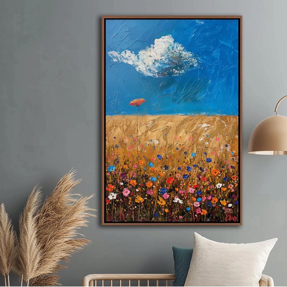 Wildflower Field Wall Art, Vintage Cloud Wall Decor, Botanical Canvas Art, Floral Landscape Canvas Decor, Rustic Living Room Canvas Print