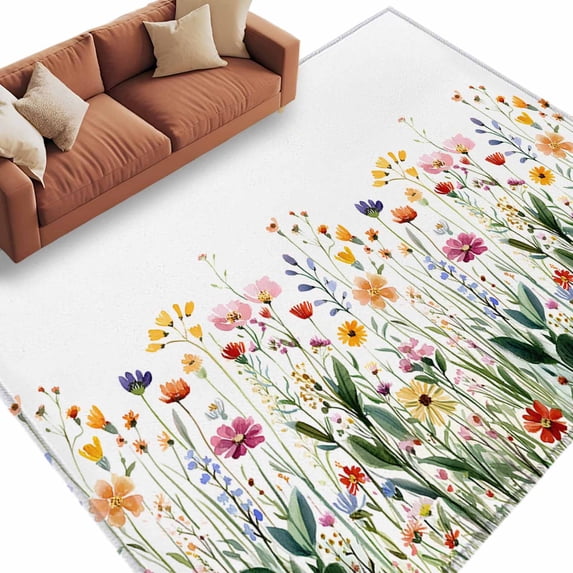 Wildflower Floral Area Rug 5x8ft Watercolor Spring Flower Leaves Rustic Non-Slip Washable Square Rugs Soft Felt Indoor Floor Mat for Bedroom Kitchen Living Room Bathroom