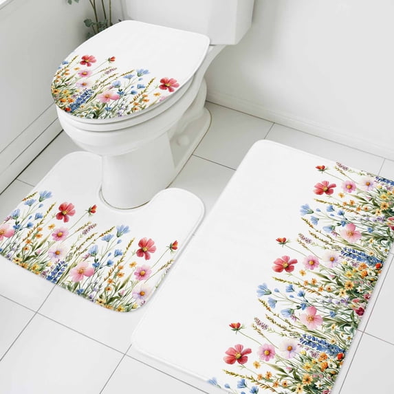 Wildflower Floral Bathroom Rugs Set Watercolor Spring Flower Green Leaves Non Slip Absorbent Soft Bath Mats 3 Piece Set with Bathroom Rug, U-Shaped Floor Mat, Toilet Seat Cover Large Size