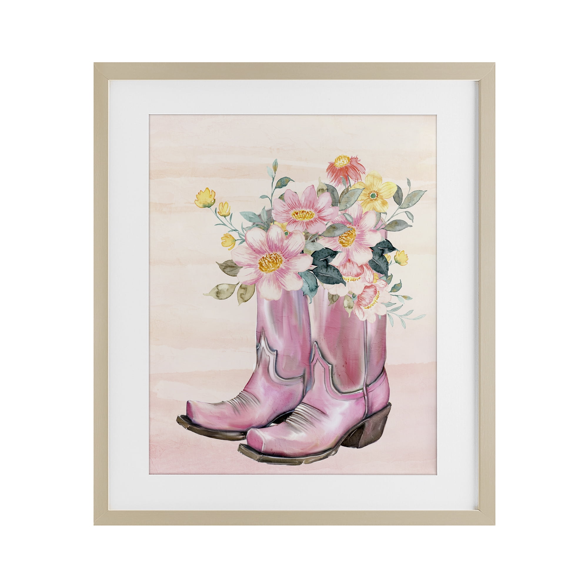 Wildflower Floral Boots Birch Framed Print Under Glass, design by Kim Allen