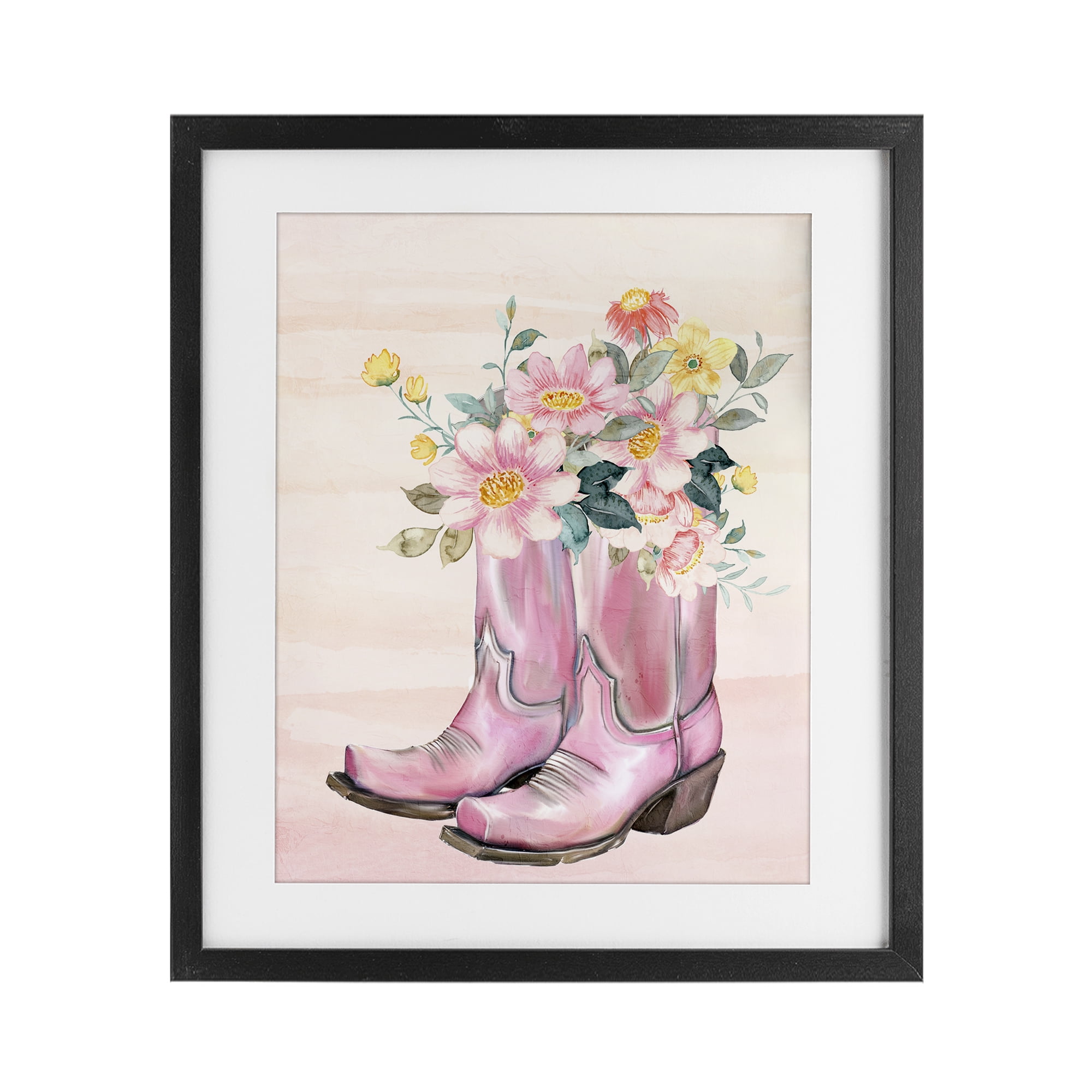 Wildflower Floral Boots Black Framed Print Under Glass, design by Kim Allen