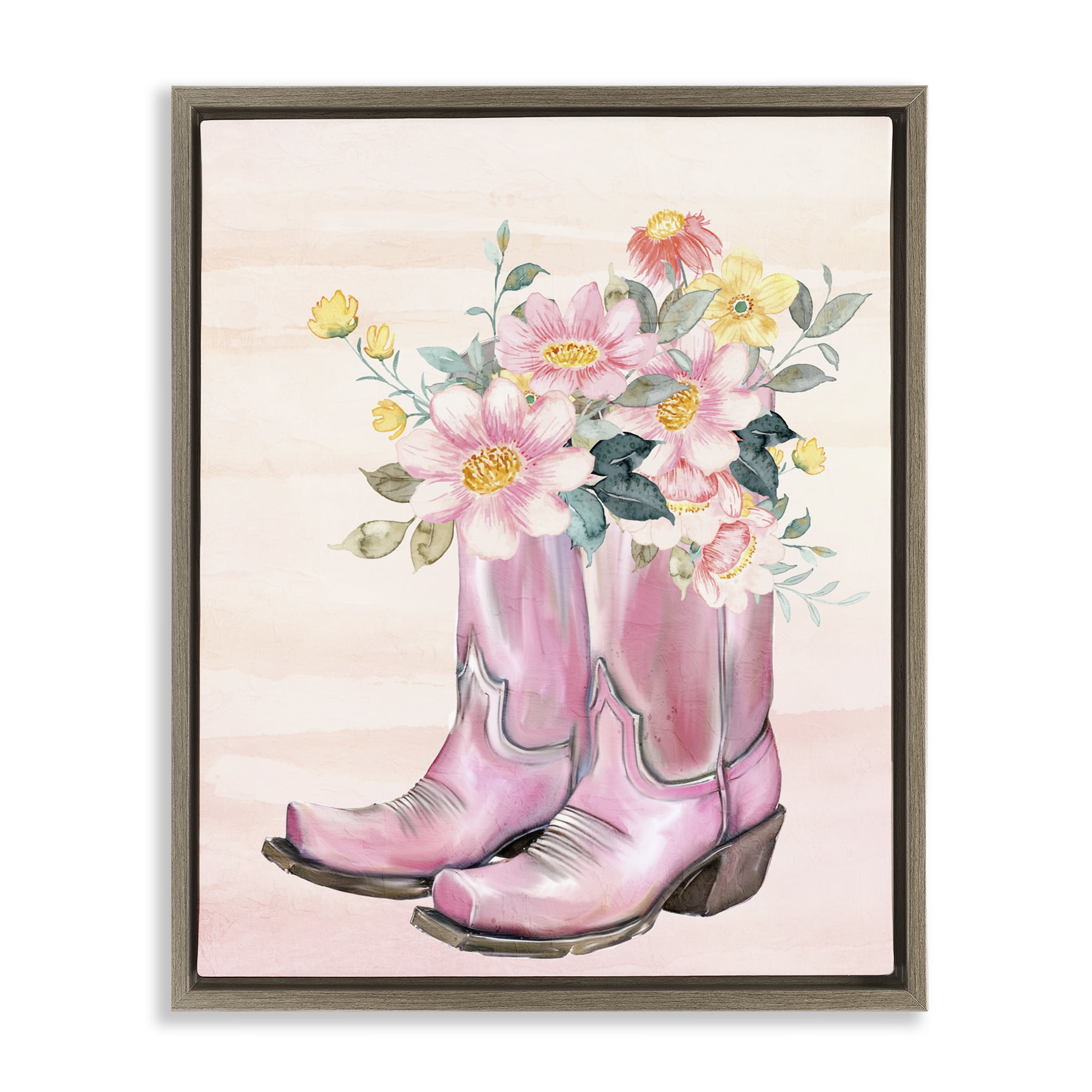 Wildflower Floral Boots Brown Framed Floater Canvas Wall Art, design by Kim Allen