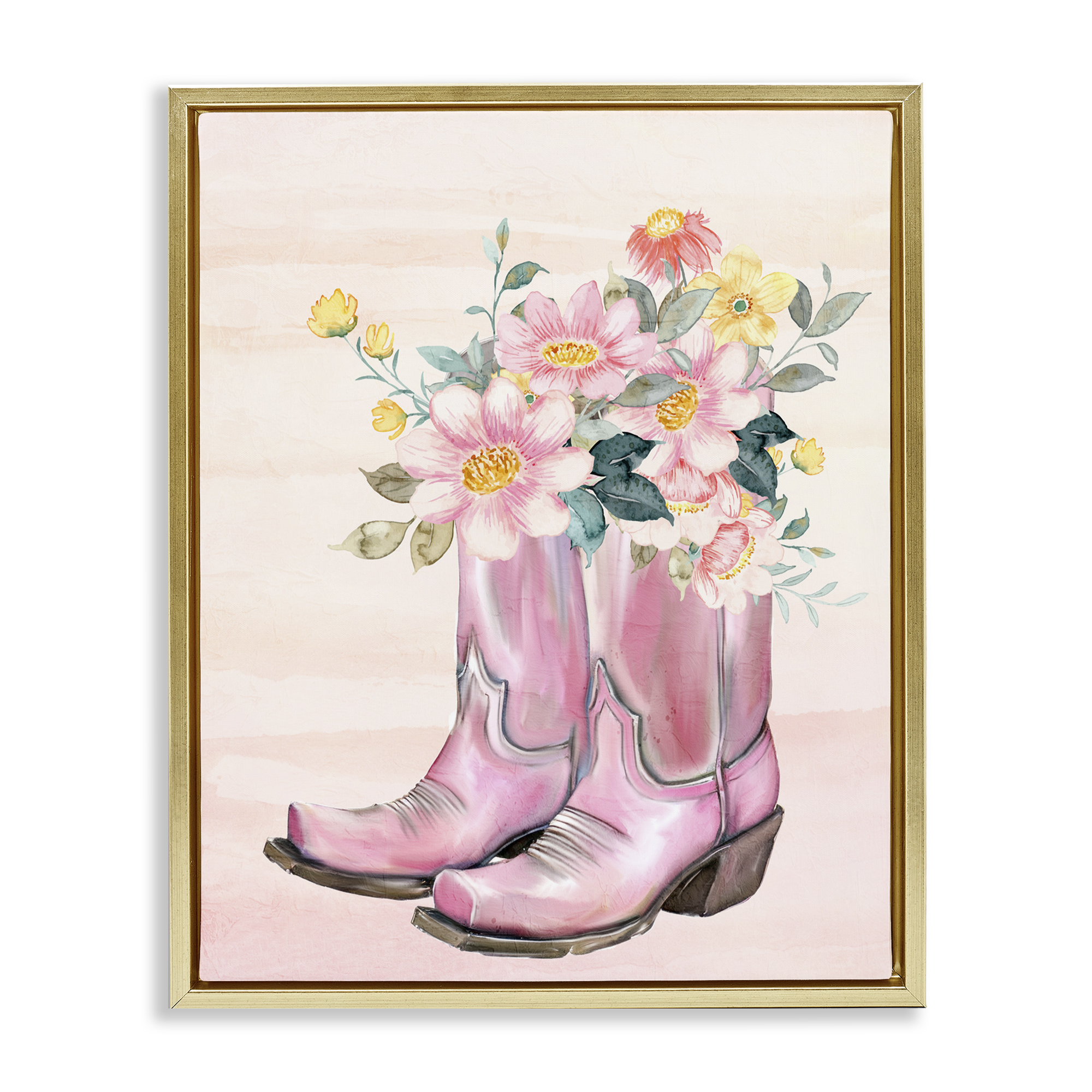 Wildflower Floral Boots Gold Framed Floater Canvas Wall Art, design by Kim Allen