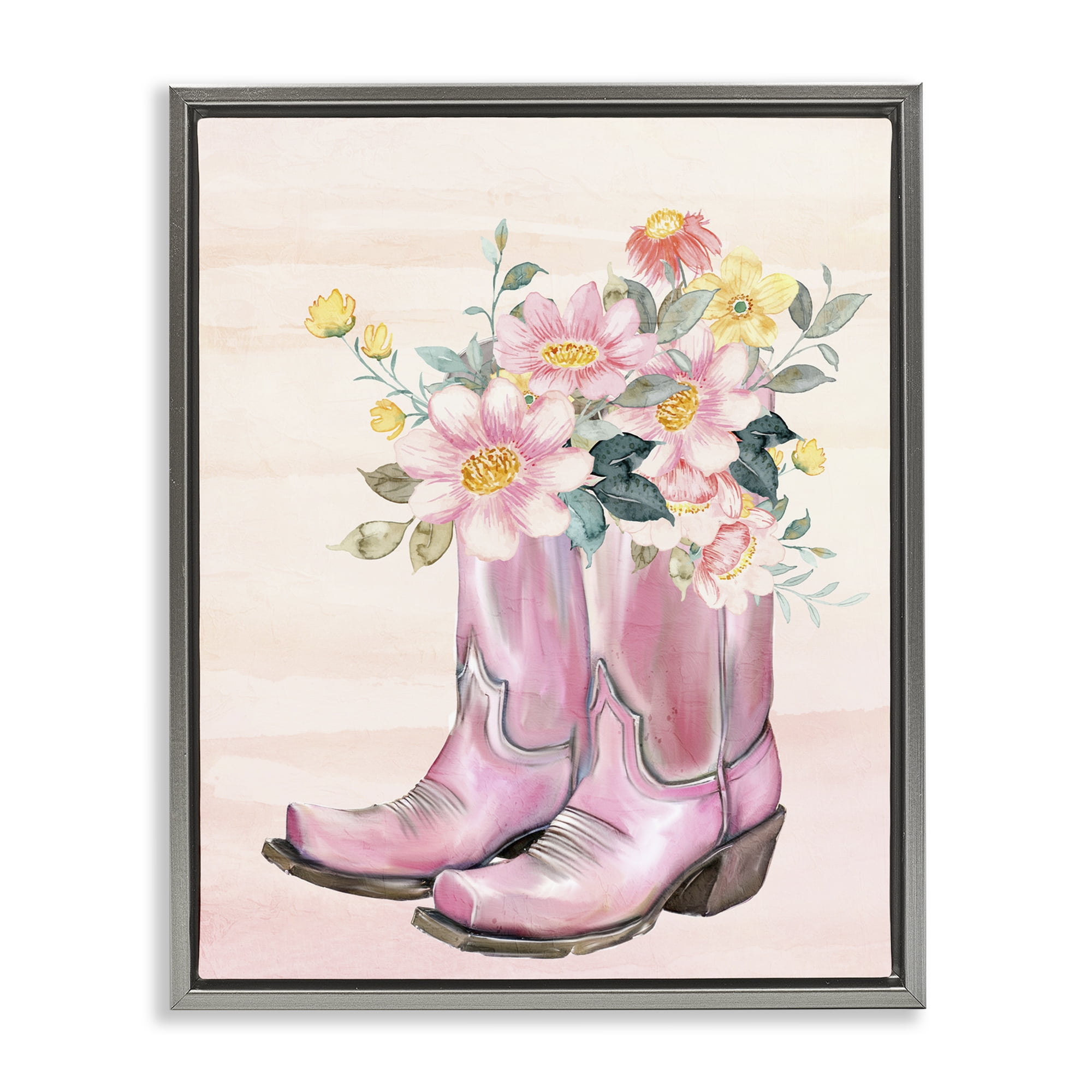 Wildflower Floral Boots Gray Framed Floater Canvas Wall Art, design by Kim Allen