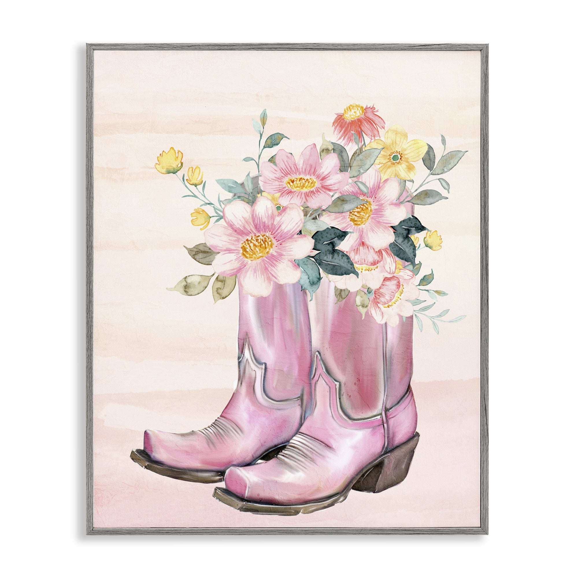 Wildflower Floral Boots Gray Framed Giclee Art, design by Kim Allen