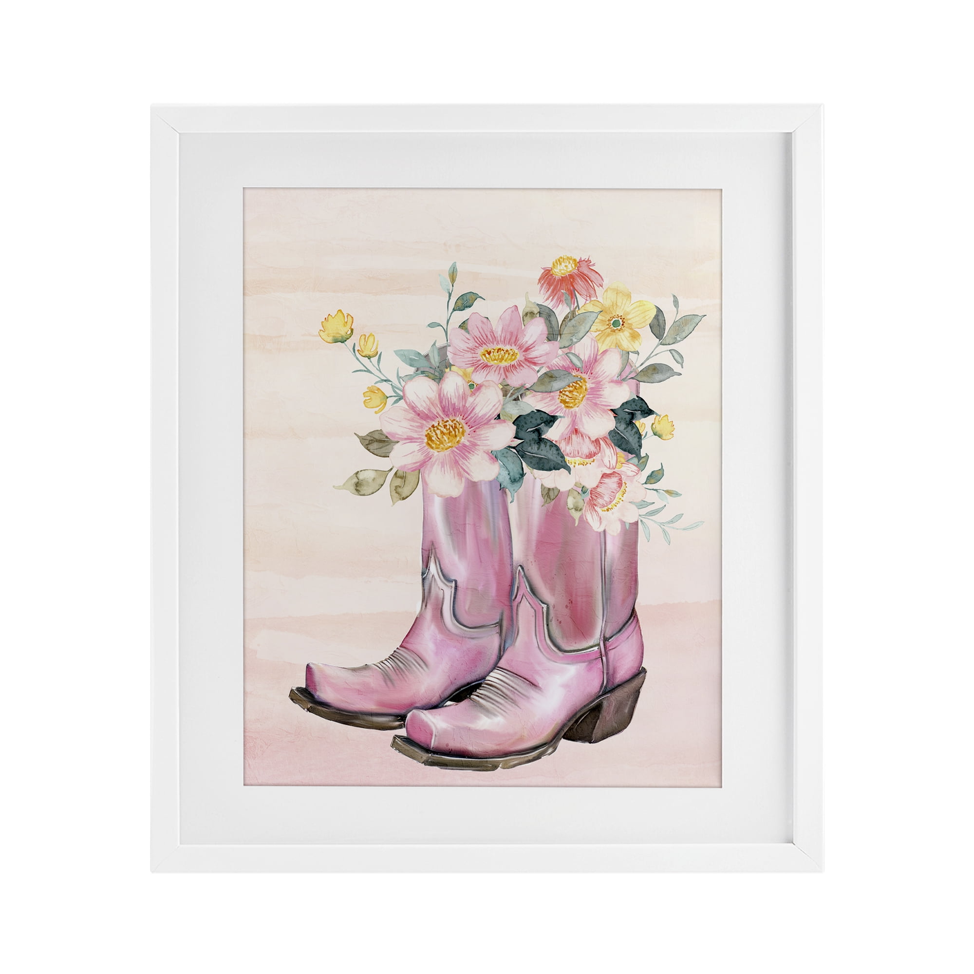 Wildflower Floral Boots White Framed Print Under Glass, design by Kim Allen