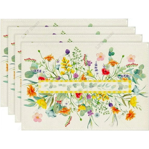 Wildflower Floral Eucalyptus Leaves Placemats for Dining Table Spring Summer Seasonal ration Rustic Washable Table Mats