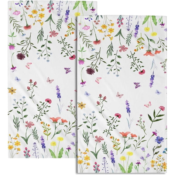 Wildflower Floral Hand Towels for Bathroom Set of 2 Spring Summer Watercolor Flower Leaves Absorbent Kitchen Towels Rustic Seasonal Fingertip Towels for Home Hotel Gym Spa