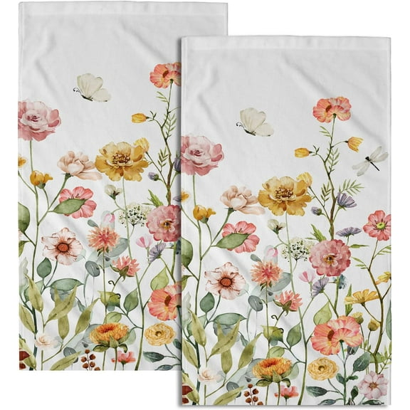 Wildflower Floral Kitchen Towels 2 PCS,28 x 14 Inch  Flower Leaves Hand Towel Tea Towels Soft Absorbent Washcloth for Bathroom Home Spa Gym Decor Housewarming Gift