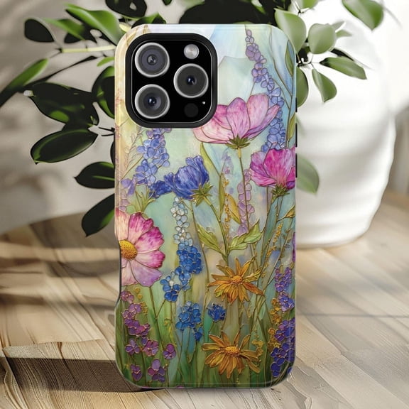 Wildflower Floral Magnetic Faux Stained Glass Protective Cover for X428 Phone Case Compatible with iPhone 17 16 15 14 13 12 11 Pro Max – Premium Protection