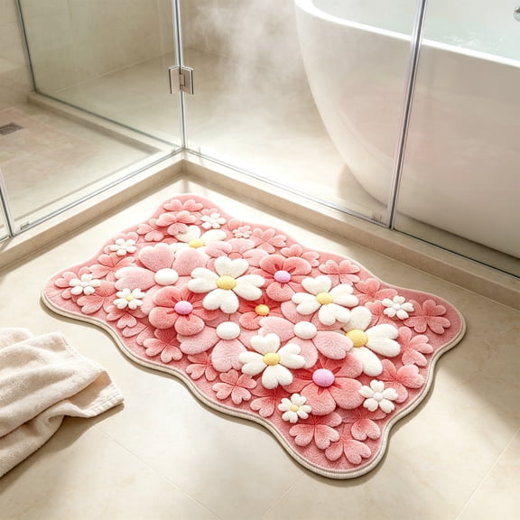 Wildflower Floral Runner Bathroom Rug - Cute Tufted Non Slip Soft Flower Shaped Bath Mat, Aesthetic Rug for Vanity, Tub, Entryway