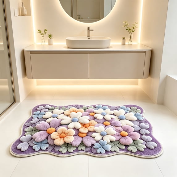 Wildflower Floral Runner Bathroom Rug - Cute Tufted Non Slip Soft Flower Shaped Bath Mat, Aesthetic Rug for Vanity, Tub, Entryway